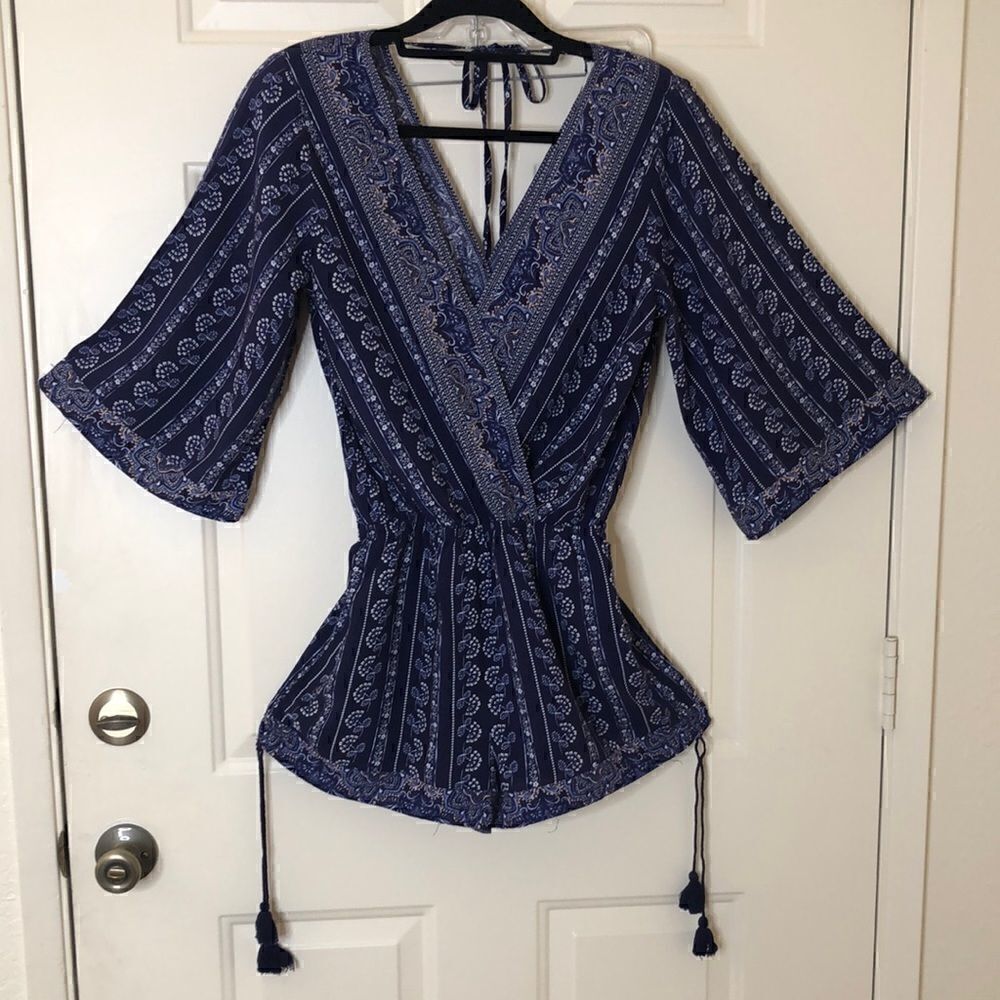 NEW Skies are Blue Navy and White Three Quarter Sleeve Romper Size S NWT